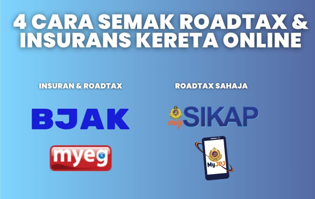  Infografik menunjukkan empat cara utama untuk semak tamat tempoh roadtax dan insurans kereta secara online melalui MyJPJ, BJAK, MyEG, dan JPJ.