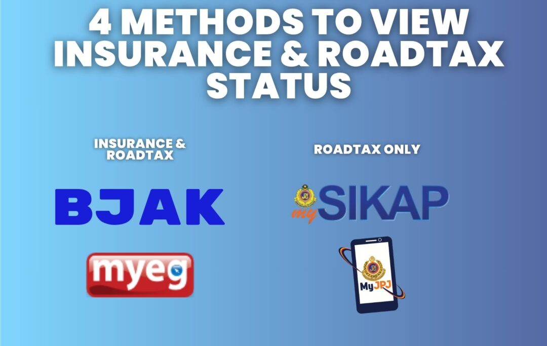 Infographic showing four main ways to check roadtax and insurance expiry online in Malaysia using MyJPJ, BJAK, MyEG, and JPJ.
